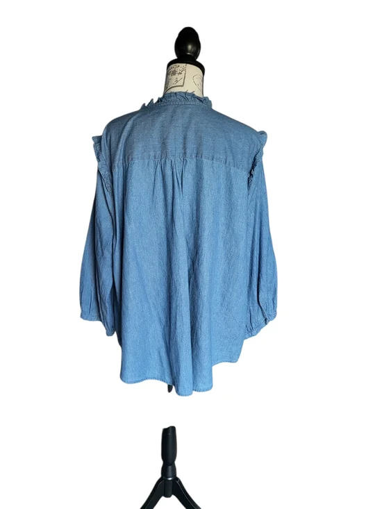 LC Lauren Conrad 2X Chambray Ruffle Button Front Blouse Blue Cotton Plus Top - Picture 4 of 6